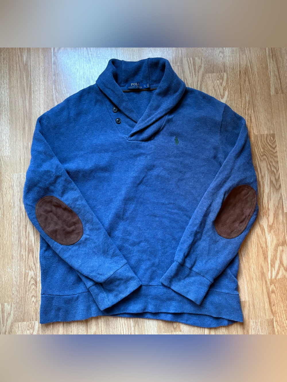 Polo ralph lauren shawl collar sweater with elbow patch size L men’s cotton blue